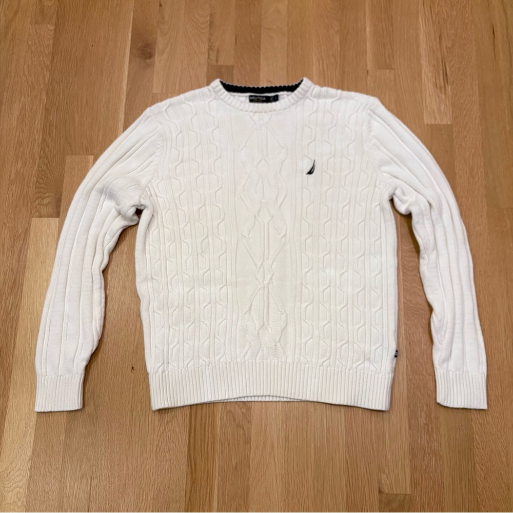 Nautica Men's White Cable Knit Cotton Crew Neck Sweater Size L